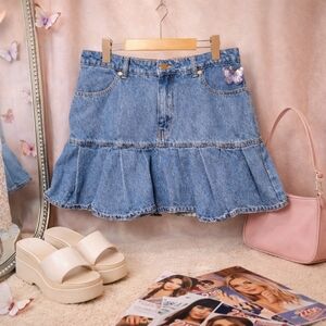 Flying Angel Y2K Denim Ruffle Mini Skirt Blue Low Rise US 30